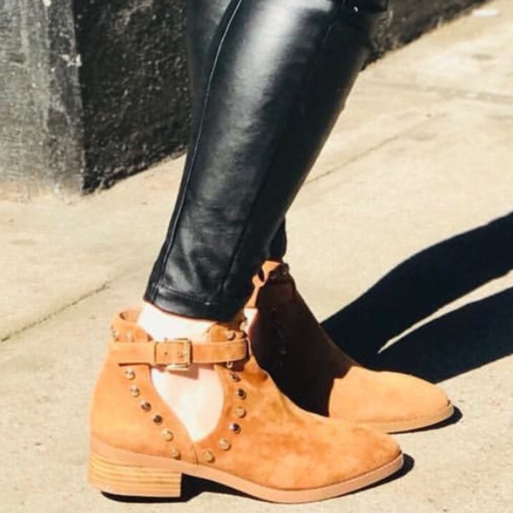 Cognac Distressed Suede Studded Cut Out Ankle Boot